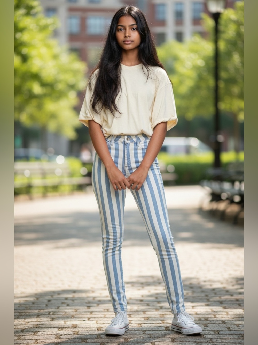 Joe's Jeans Blue and White Vertical-Stripe Skinny Jeans